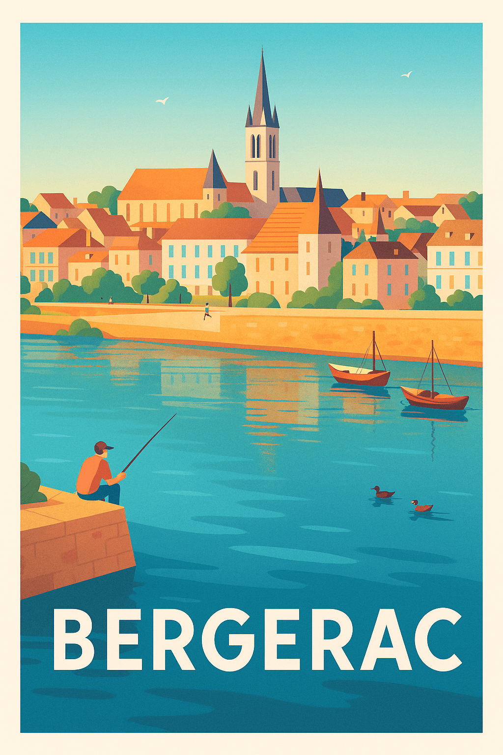 Dordogne France Pas de Cadre / 20 × 30cm Affiche de Bergerac - Charme paisible au bord de l'eau