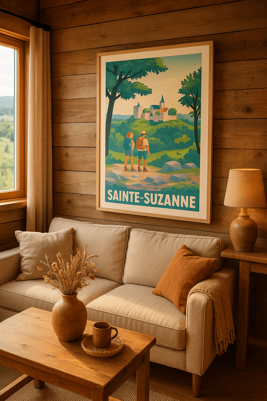 Affiche Sainte-Suzanne — Invitation à l'évasion nature et patrimoine · poster d'art de Sainte-Suzanne