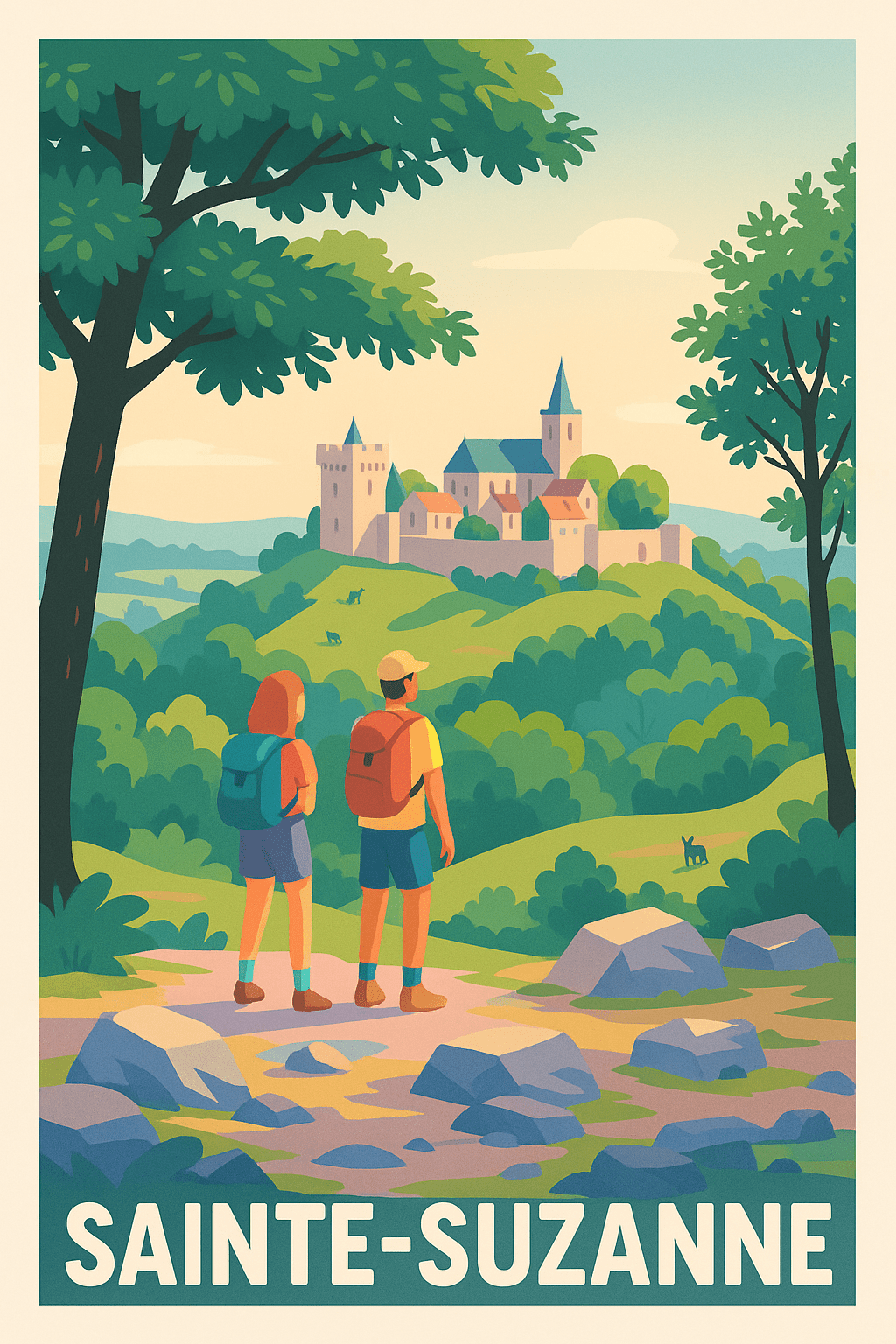 Affiche Sainte-Suzanne — Invitation à l'évasion nature et patrimoine · poster d'art de Sainte-Suzanne