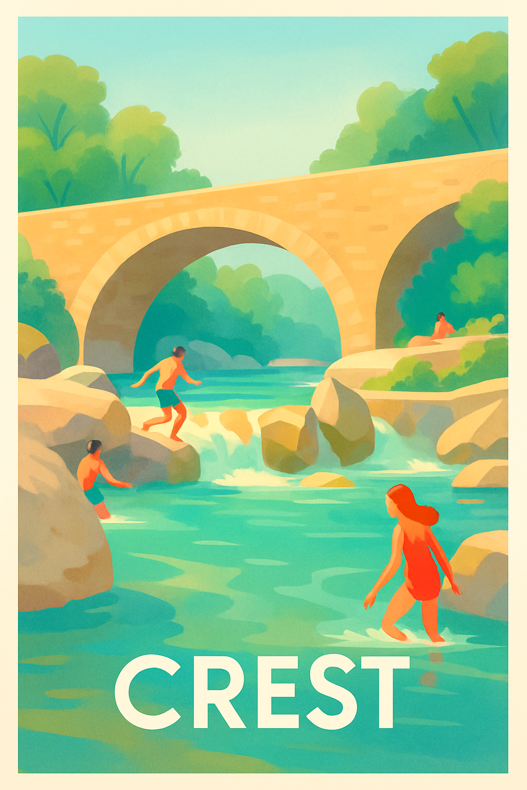 Drôme France Pas de Cadre / 20 × 30cm Affiche de Crest - Fraîcheur estivale au bord de la rivière