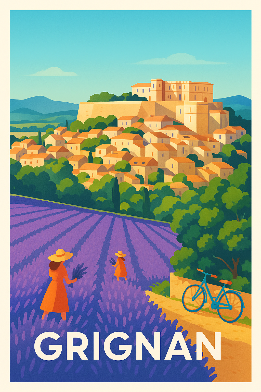 Drôme France Pas de Cadre / 20 × 30cm Affiche de Grignan - Charme Provençal et Champs de Lavande