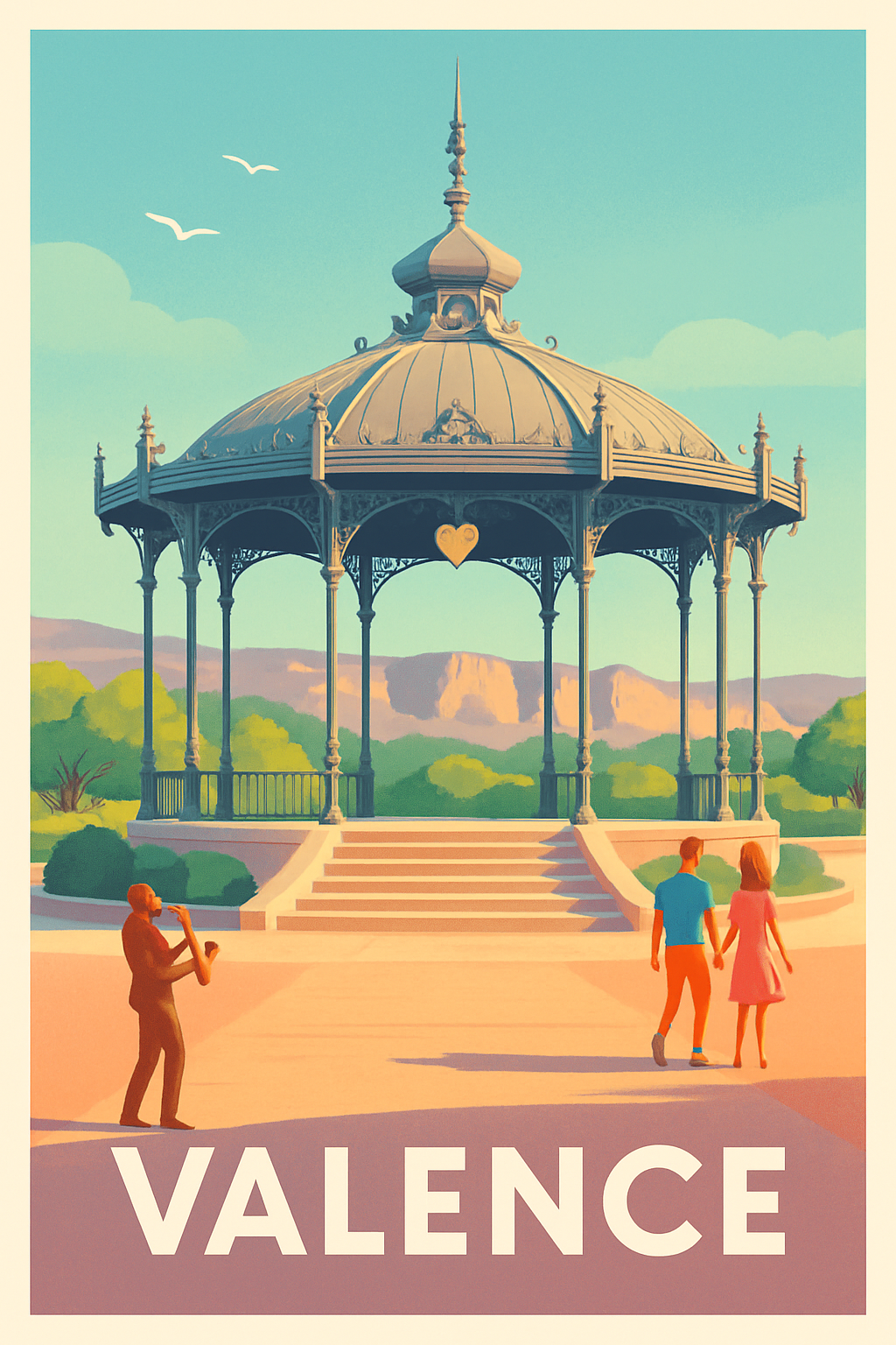 Drôme France Pas de Cadre / 20 × 30cm Affiche de Valence - Charme romantique au kiosque Peynet