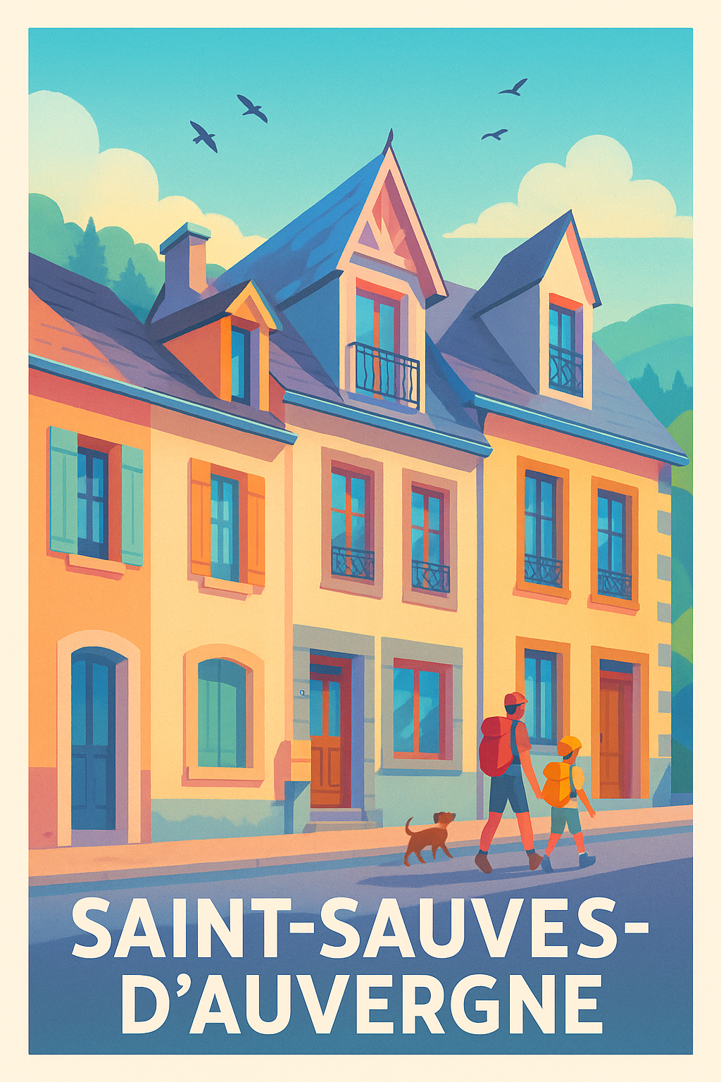Affiche Saint-Sauves-d'Auvergne — Charme paisible et campagne accueillante · poster d'art de Saint-Sauves-d'Auvergne