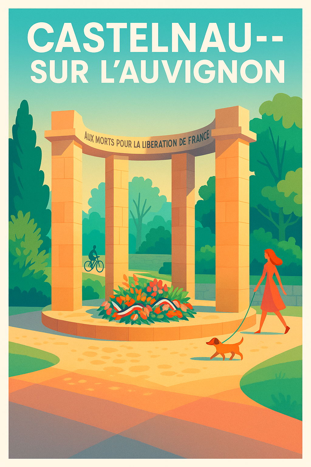 Affiche Castelnau-sur-l'Auvignon — Harmonie et Mémoire en Plein Air · poster d'art de Castelnau-sur-l'Auvignon