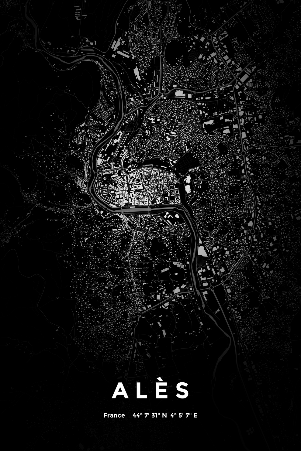 Carte d'Alès nuit - Affiche personnalisée