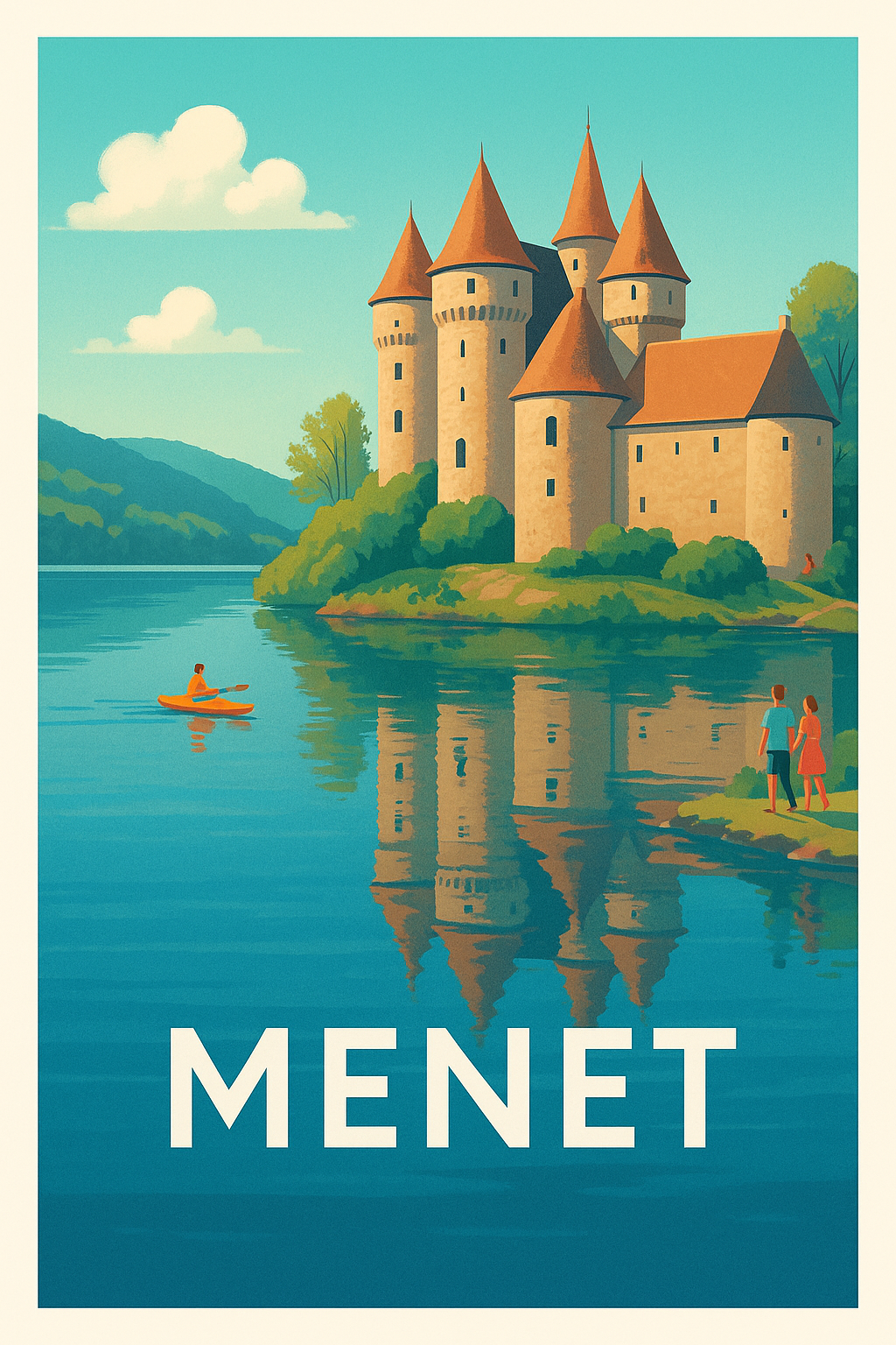 Affiche Menet — Évasion au château sur les rives paisibles · poster d'art de Menet