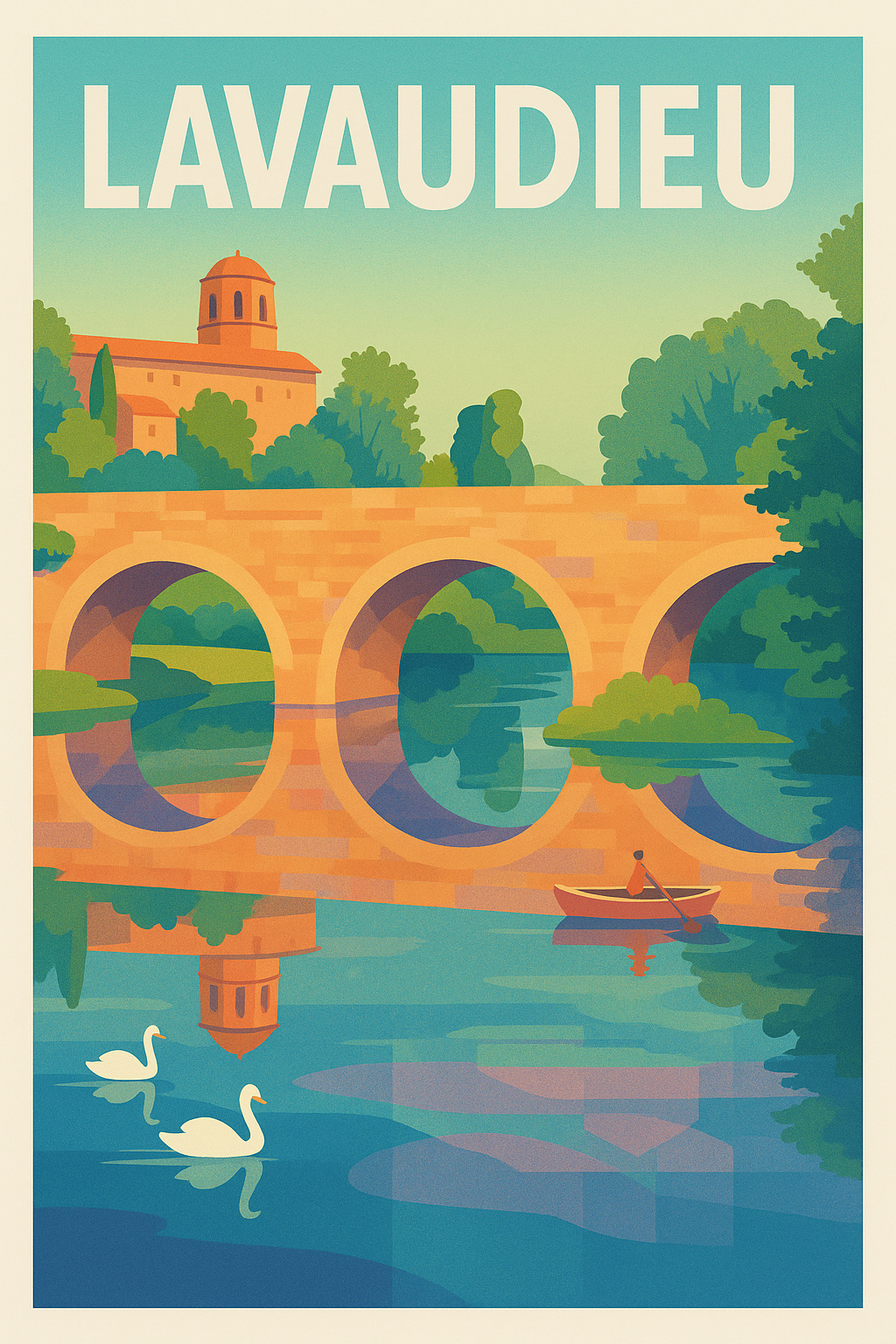 Affiche Lavaudieu — Tranquillité au fil de l'eau · poster d'art de Lavaudieu