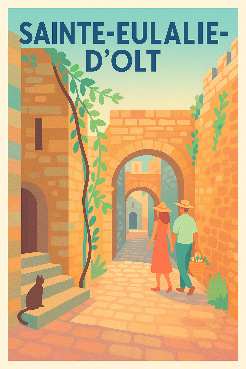 Affiche Sainte-Eulalie-d'Olt — Promenade au cœur du patrimoine médiéval · poster d'art de Sainte-Eulalie-d'Olt