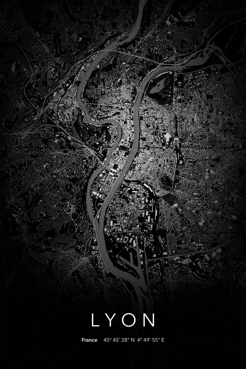 Carte de Lyon nuit - Affiche personnalisée
