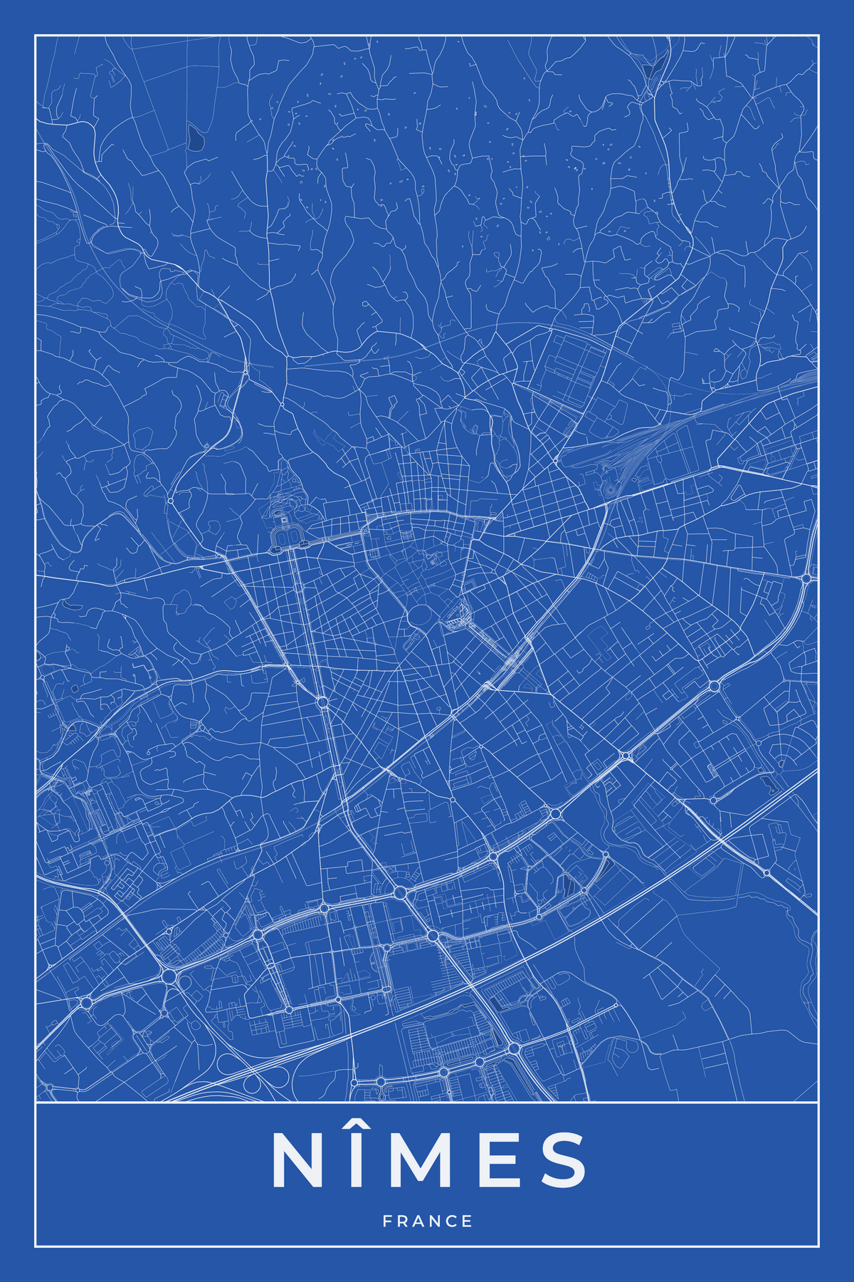 Carte de Nîmes bleue - Affiche personnalisée