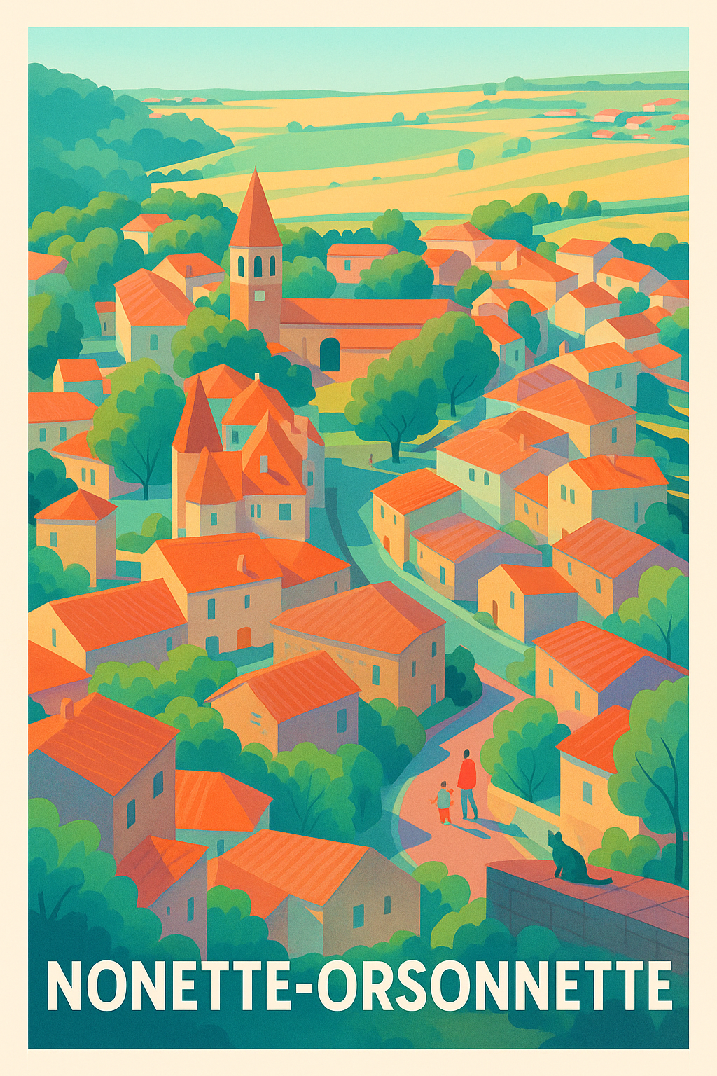 Affiche Nonette-Orsonnette — Charme villageois en couleurs d'été · poster d'art de Nonette-Orsonnette