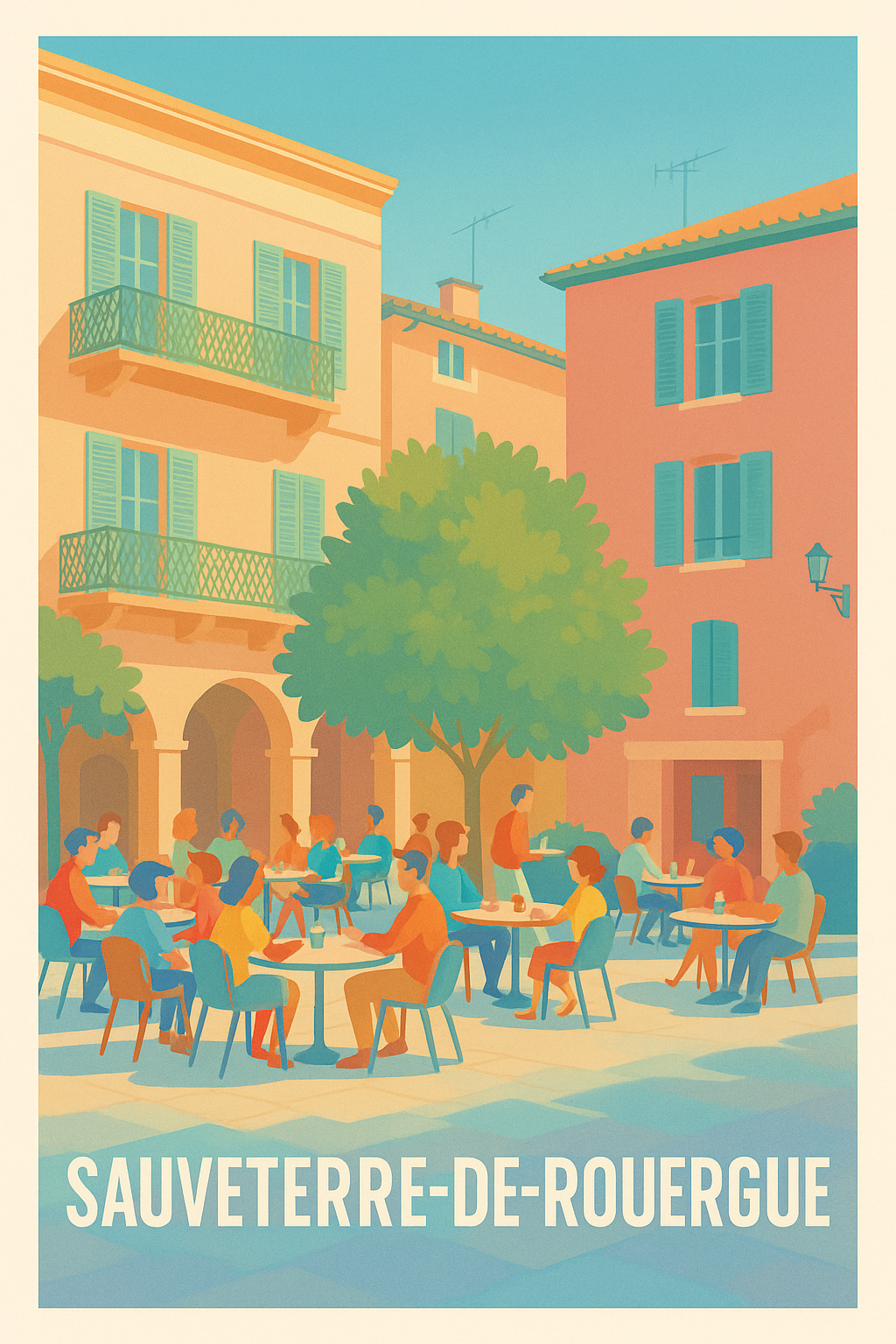 Affiche Sauveterre-de-Rouergue — Charme et convivialité au cœur de la place · poster d'art de Sauveterre-de-Rouergue