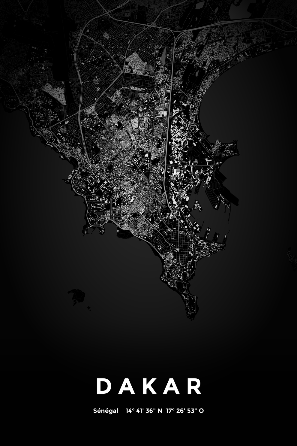 Carte de Dakar nuit - Affiche personnalisée