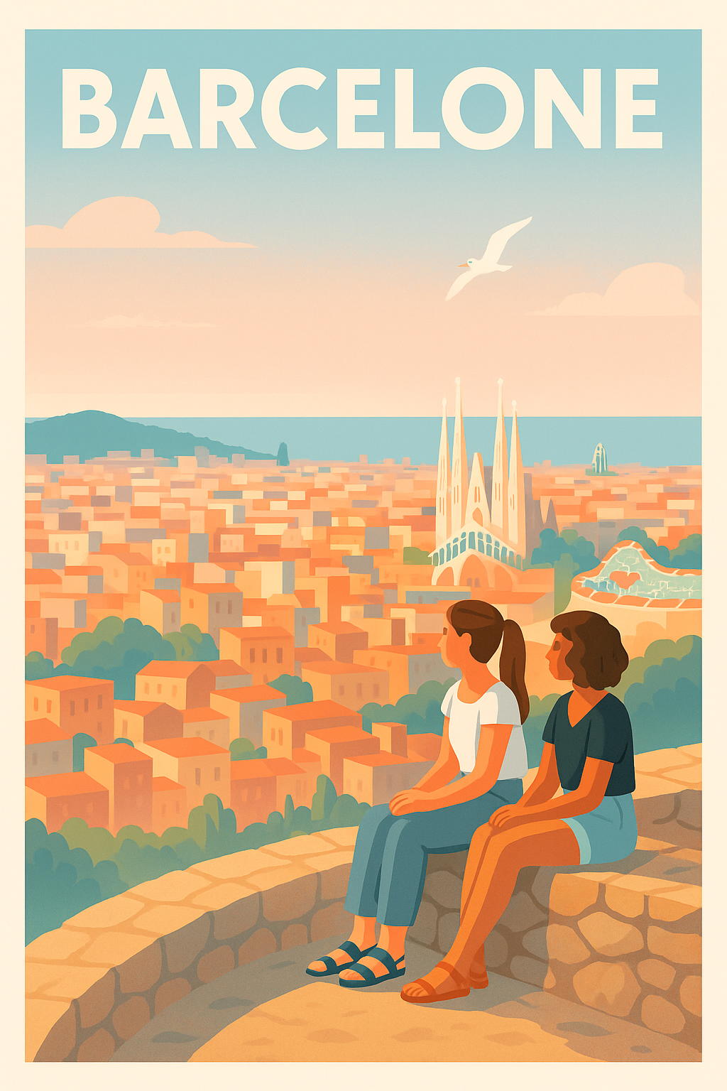 Affiche de Barcelone - Vue panoramique au coucher du soleil