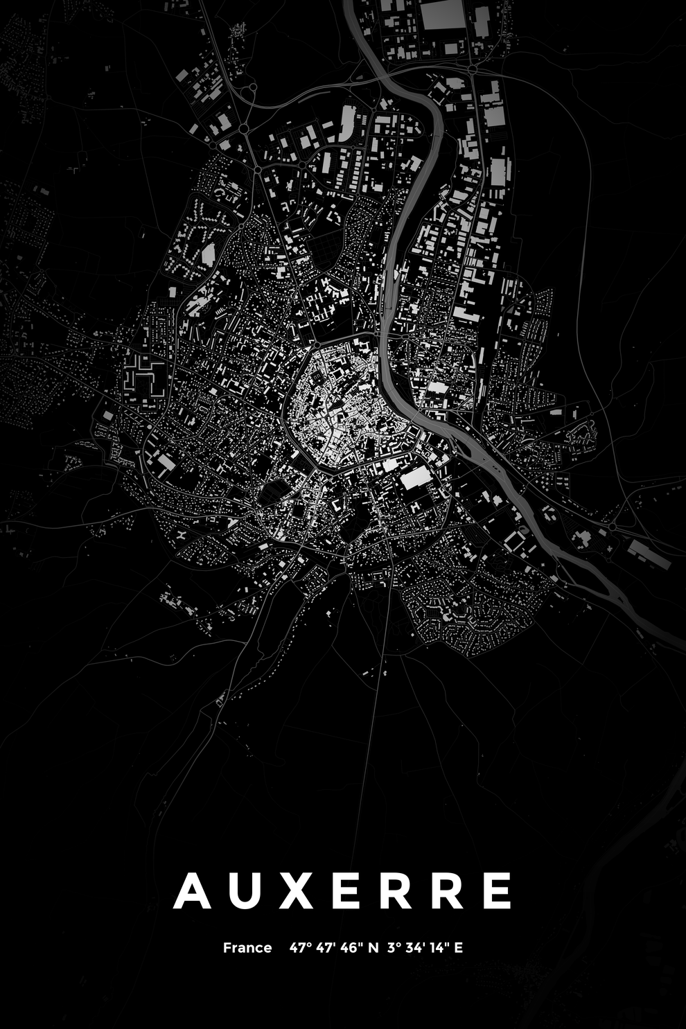 Carte d'Auxerre nuit - Affiche personnalisée