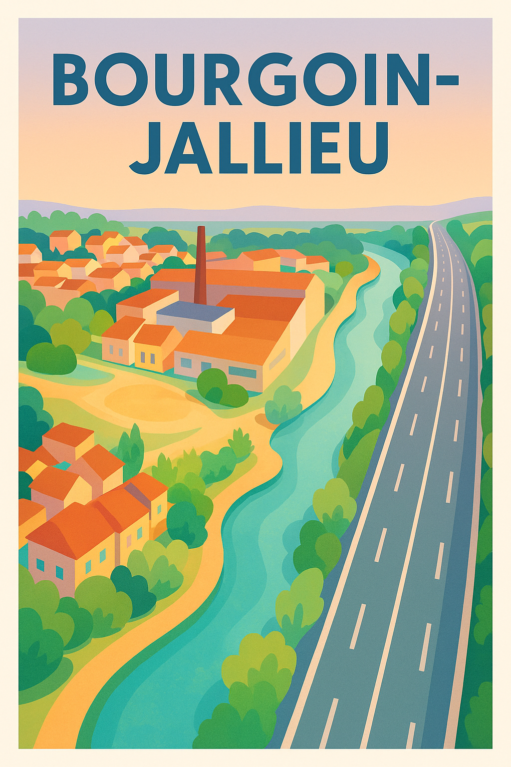 Affiche Bourgoin-Jallieu — Vue paisible entre nature et route · poster d'art de Bourgoin-Jallieu