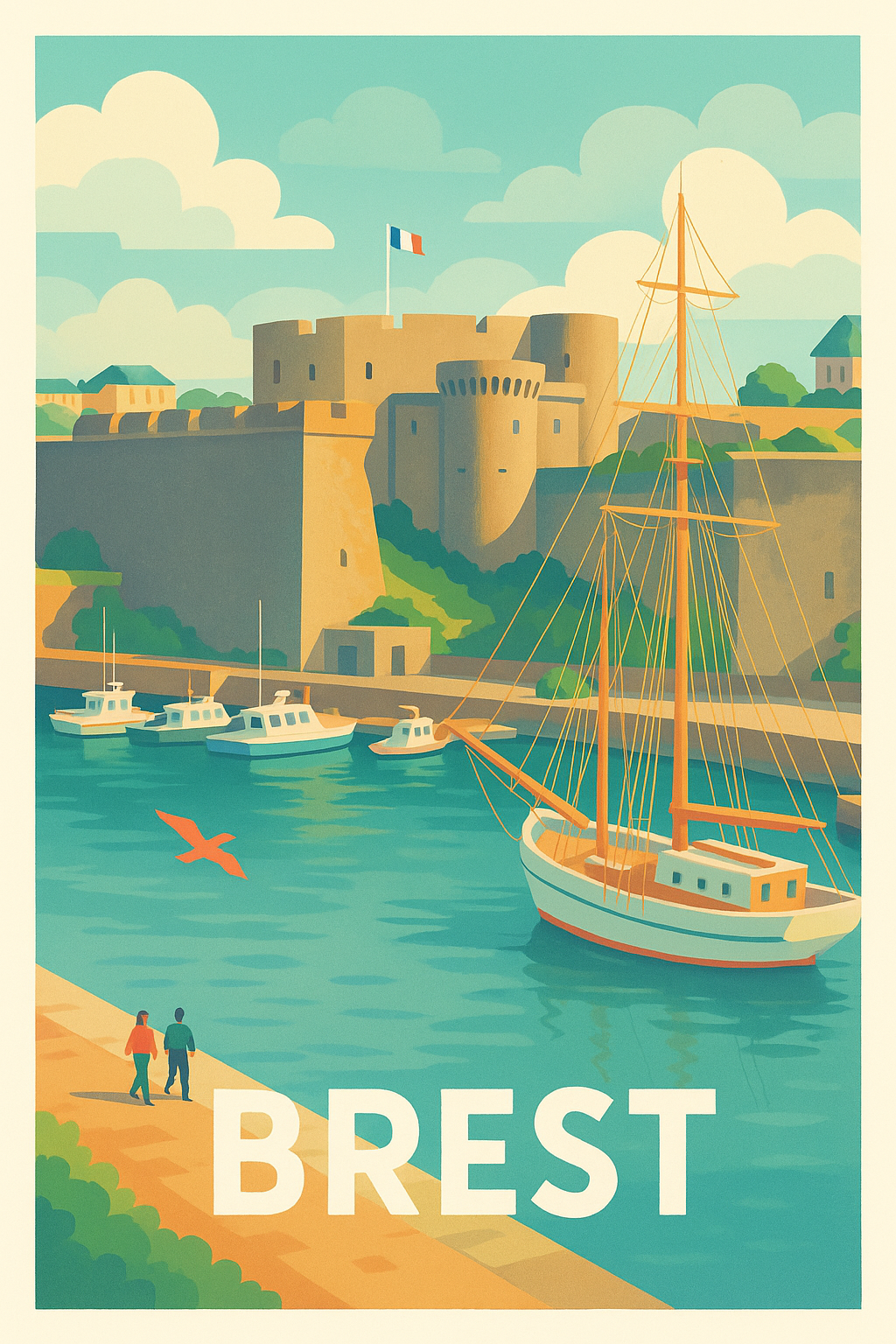 Finistère France Pas de Cadre / 20 × 30cm Affiche de Brest - L'élégance maritime bretonne