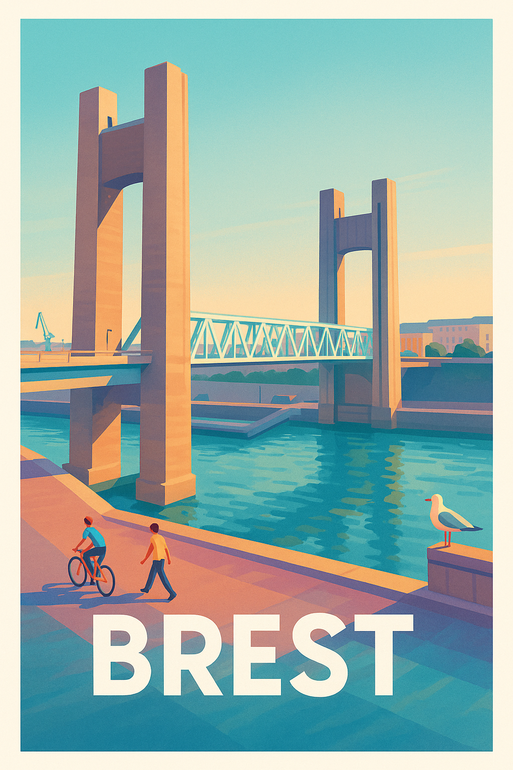 Finistère France Pas de Cadre / 20 × 30cm Affiche de Brest - Le Pont de Recouvrance sous un ciel d'été