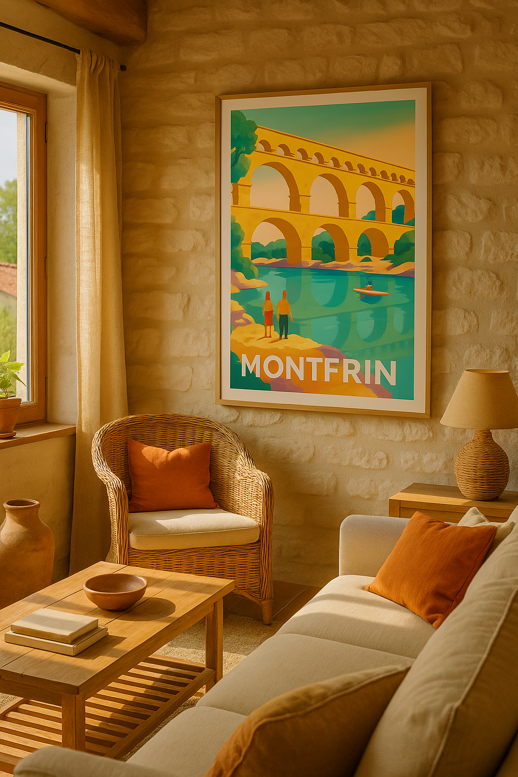 Affiche Montfrin — Évasion au fil de l'eau et du pont romain · poster d'art de Montfrin