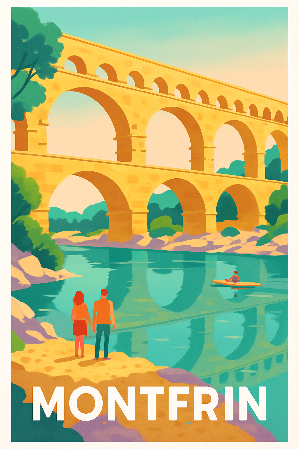 Affiche Montfrin — Évasion au fil de l'eau et du pont romain · poster d'art de Montfrin