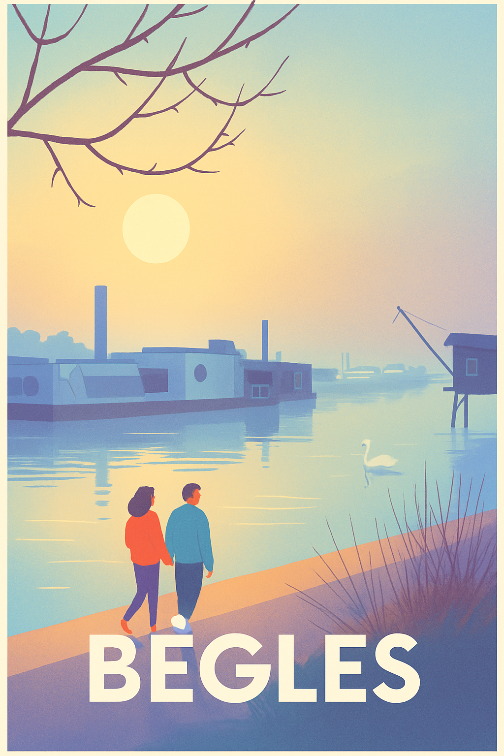 Gironde France Pas de Cadre / 20 × 30cm Affiche de Bègles - Promenade au fil de l'eau au crépuscule