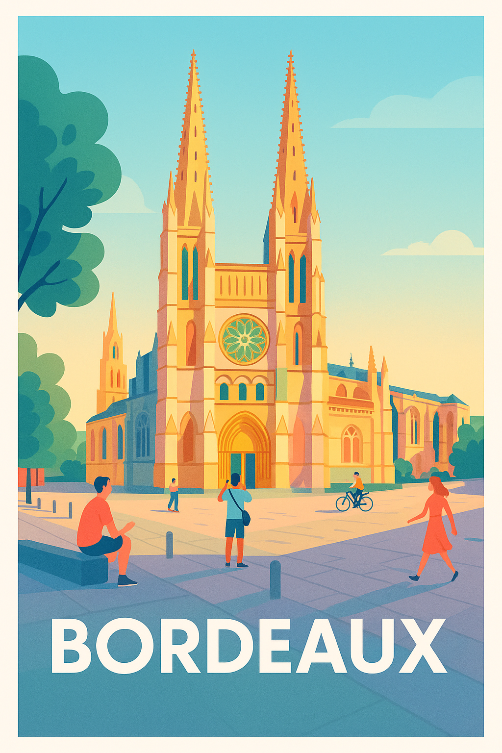 Gironde France Pas de Cadre / 20 × 30cm Affiche de Bordeaux – Éclats dorés sur la cathédrale Saint-André