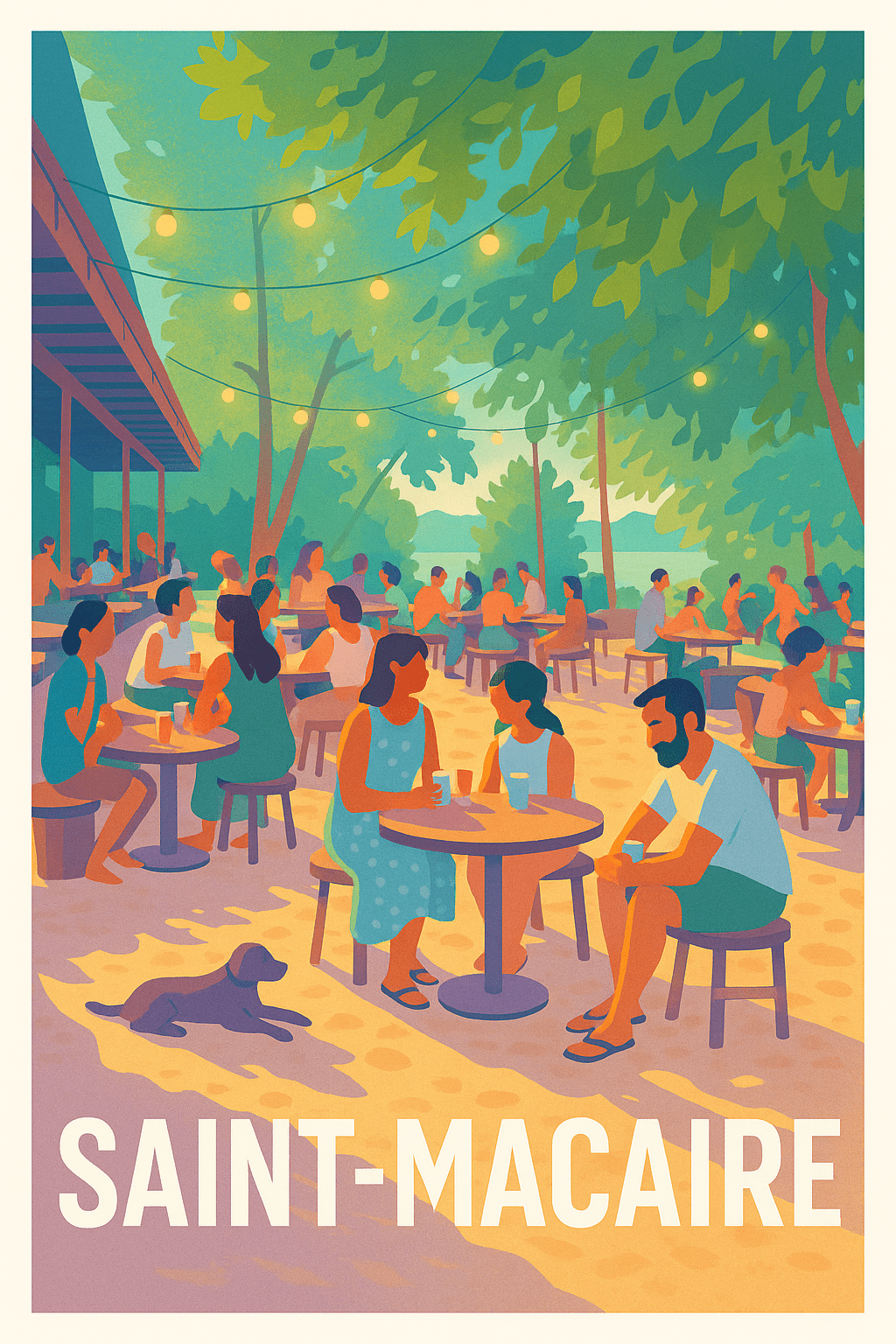 Affiche Saint-Macaire — Ambiance conviviale sous les guirlandes lumineuses · poster d'art de Saint-Macaire