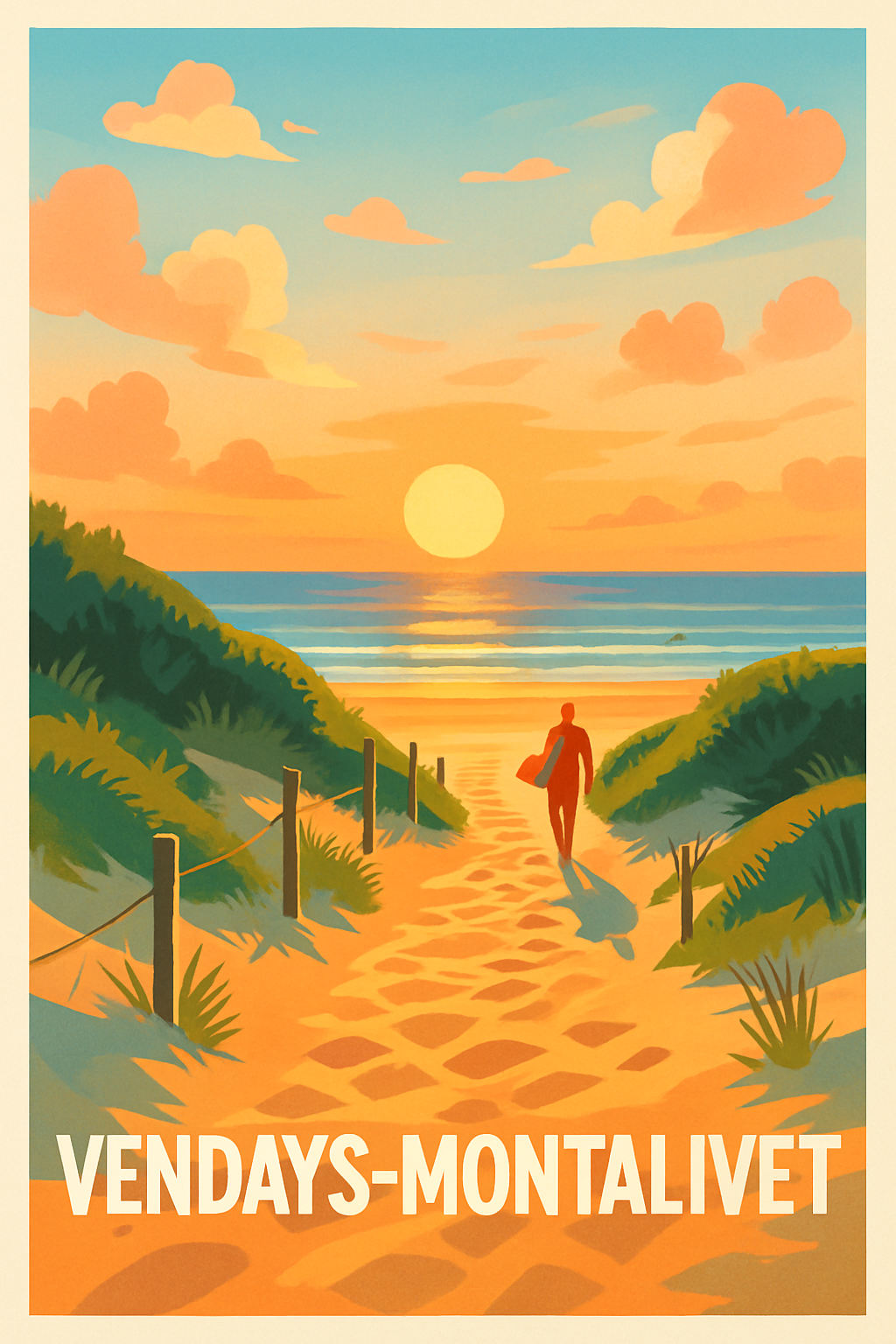 Gironde France Pas de Cadre / 20 × 30cm Affiche de Vendays-Montalivet - L'appel du coucher de soleil sur la plage
