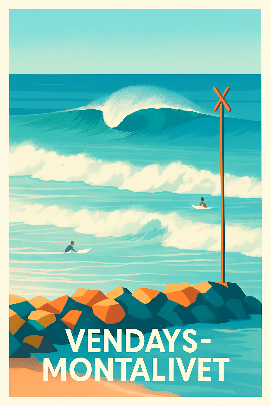 Gironde France Pas de Cadre / 20 × 30cm Affiche de Vendays-Montalivet - Vagues et liberté sur la côte Atlantique