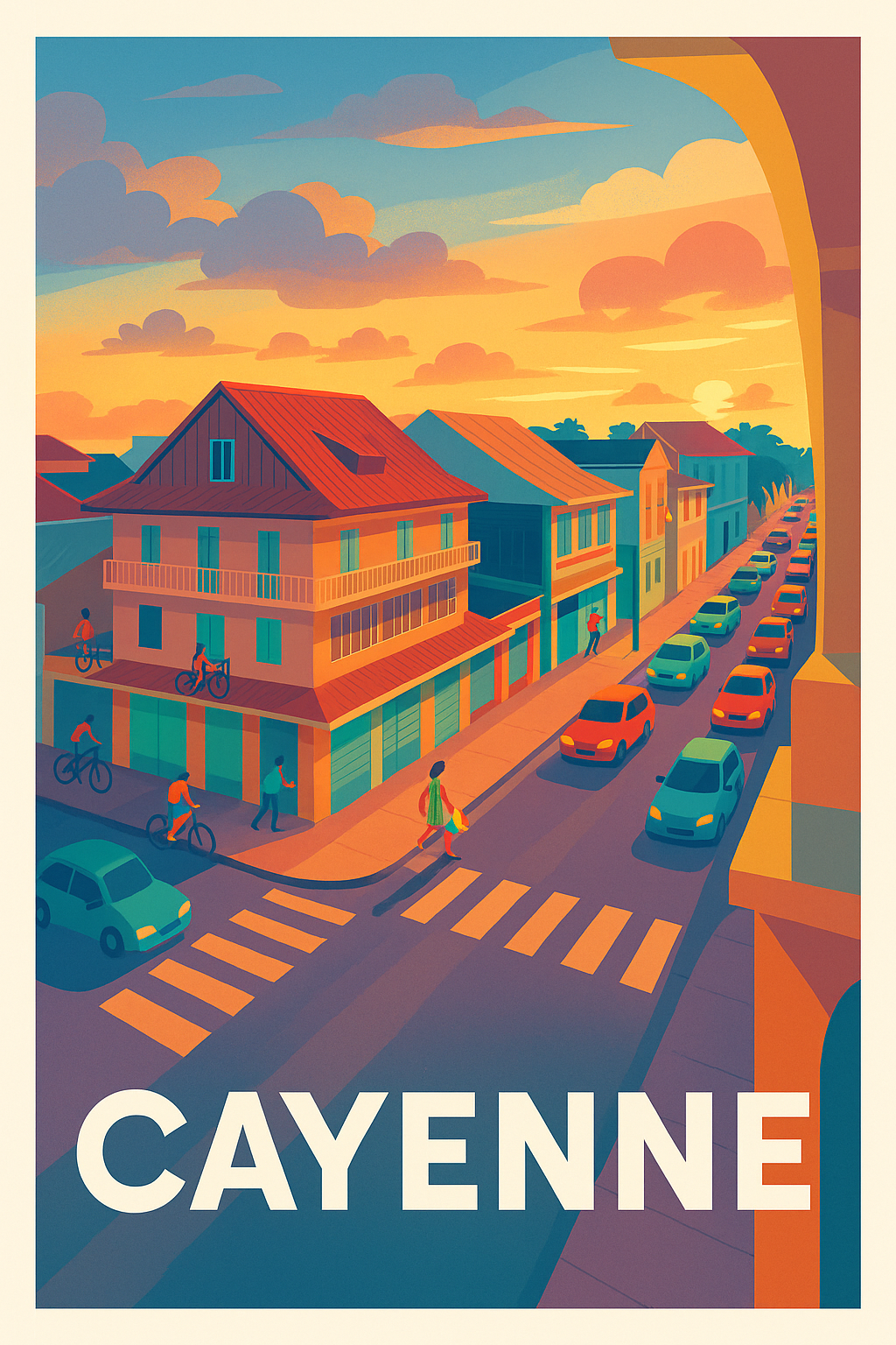 Affiche Cayenne — Lumières chaudes et vie urbaine au crépuscule · poster d'art de Cayenne