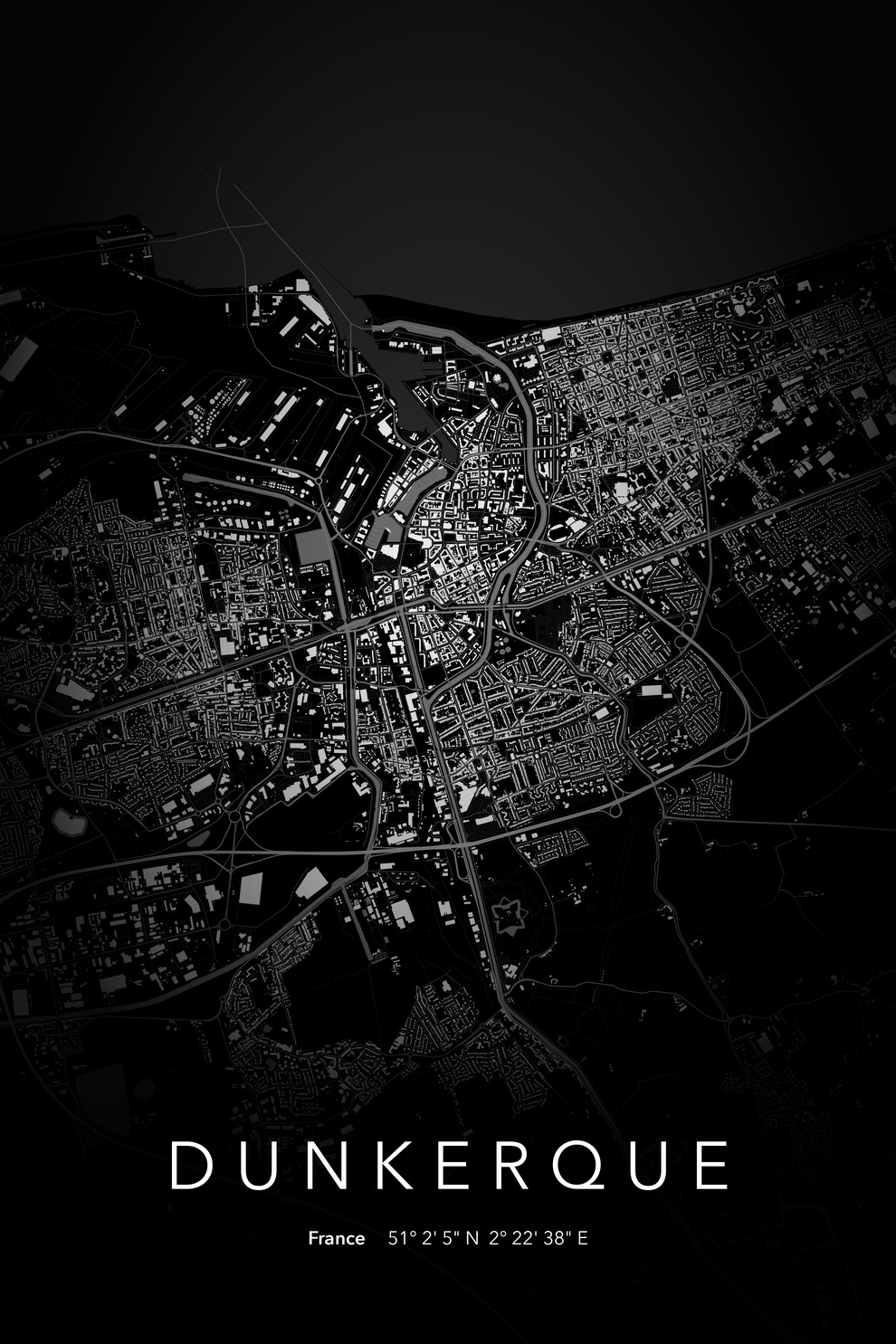 Carte de Dunkerque nuit - Affiche personnalisée