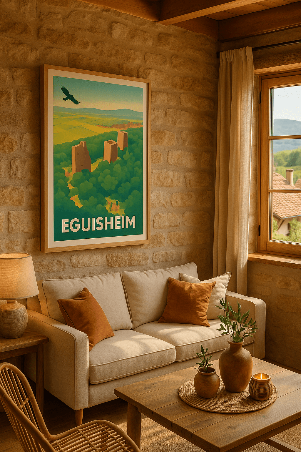 Affiche Eguisheim — Envolée au-dessus des tours médiévales · poster d'art de Eguisheim