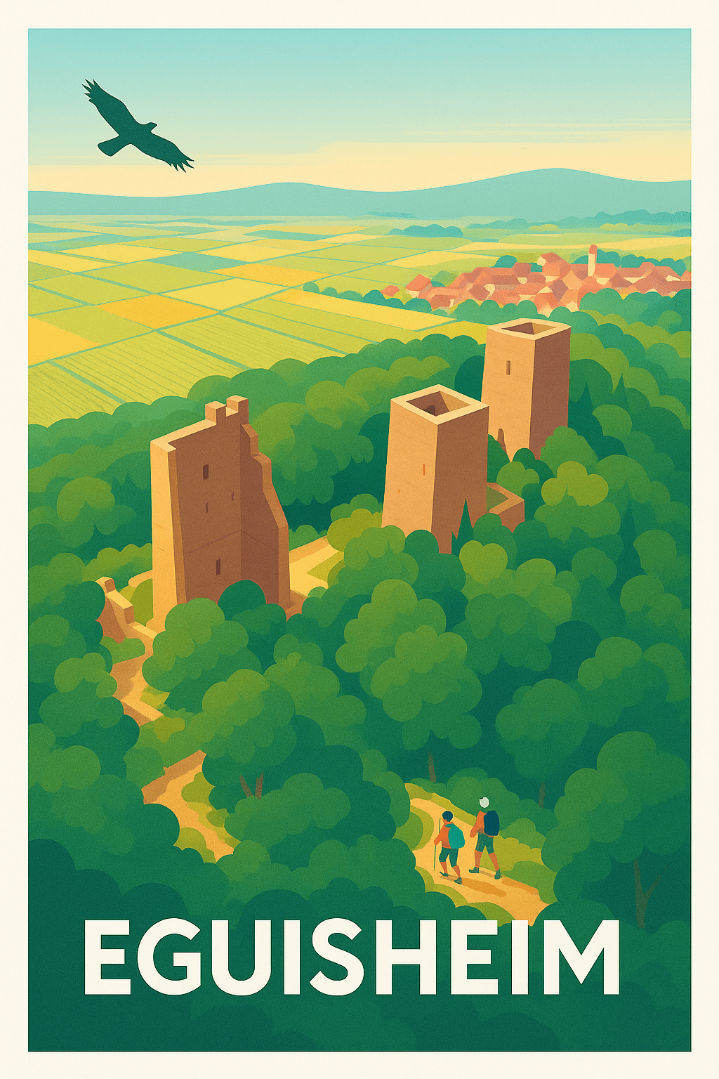 Affiche Eguisheim — Envolée au-dessus des tours médiévales · poster d'art de Eguisheim