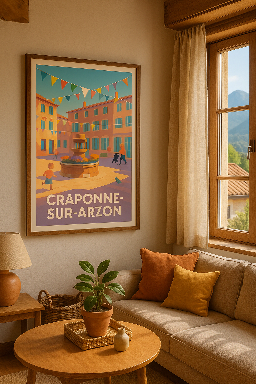 Affiche Craponne-sur-Arzon — Charme et convivialité au cœur de la place · poster d'art de Craponne-sur-Arzon