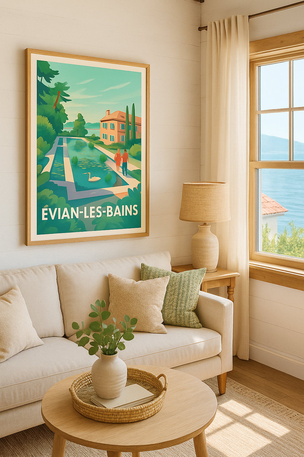 Affiche Évian-les-Bains — Flânerie paisible au bord de l'eau · poster d'art de Évian-les-Bains