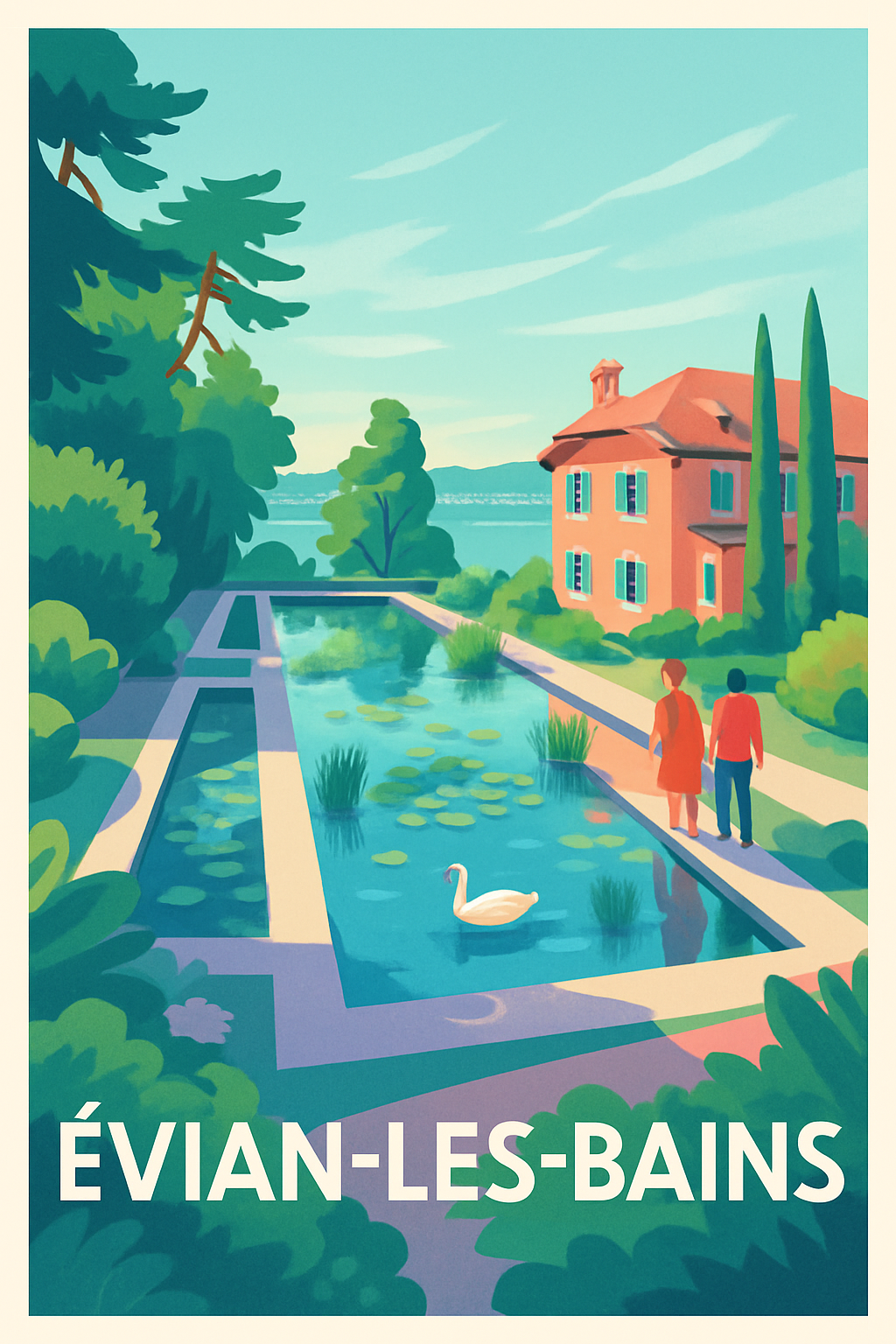 Affiche Évian-les-Bains — Flânerie paisible au bord de l'eau · poster d'art de Évian-les-Bains