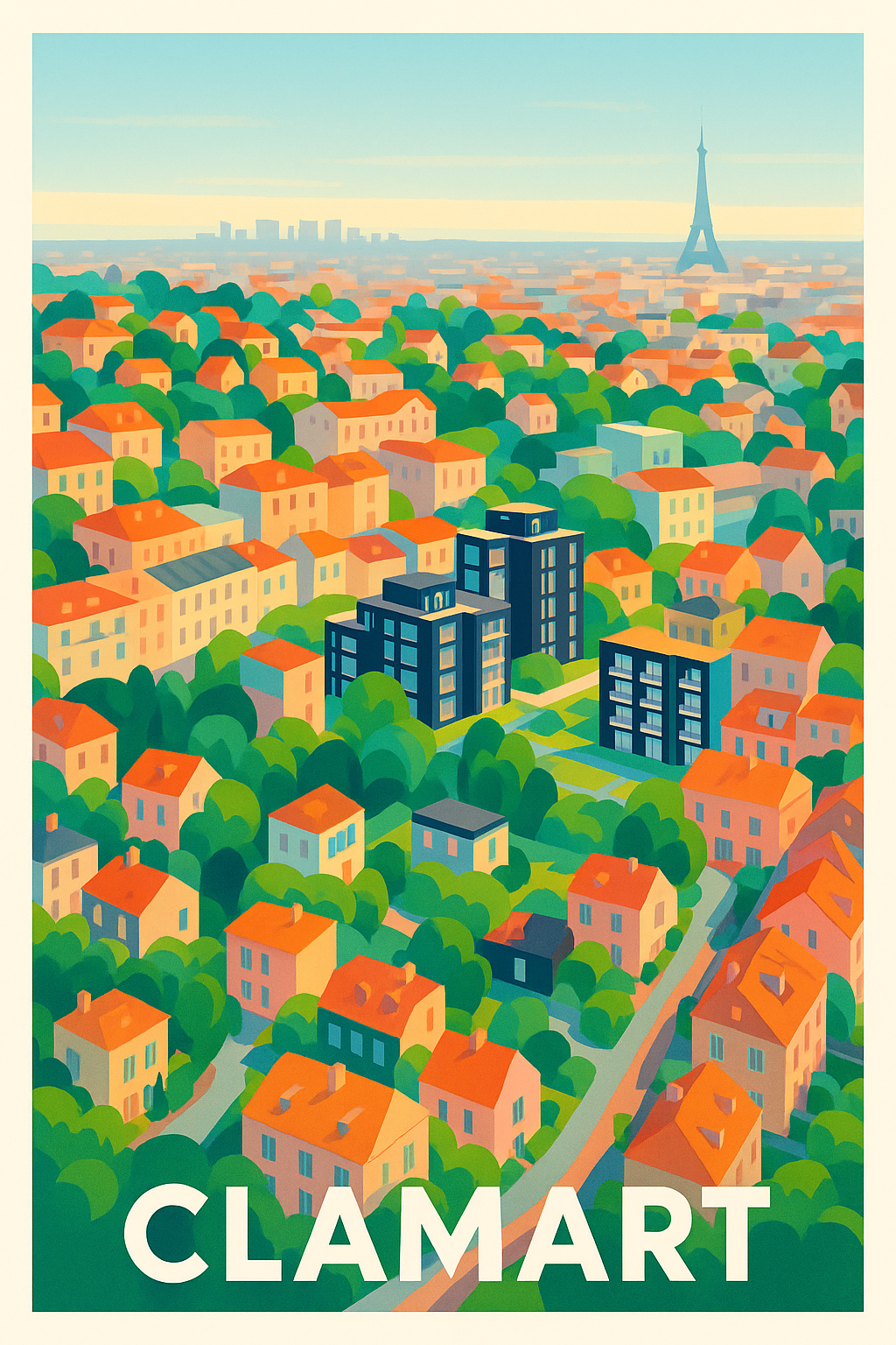 Affiche Clamart — Vue colorée sur la ville et ses toits rouges · poster d'art de Clamart