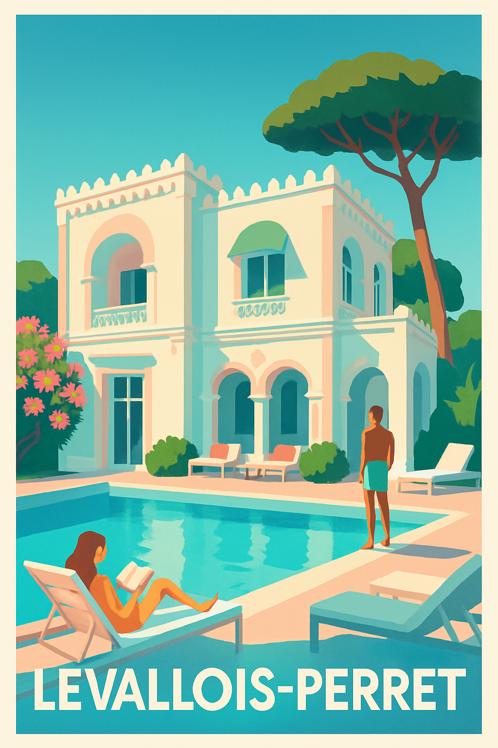 Hauts-de-Seine France Pas de Cadre / 20 × 30cm Affiche de Levallois-Perret - Évasion et Sérénité au Bord de la Piscine