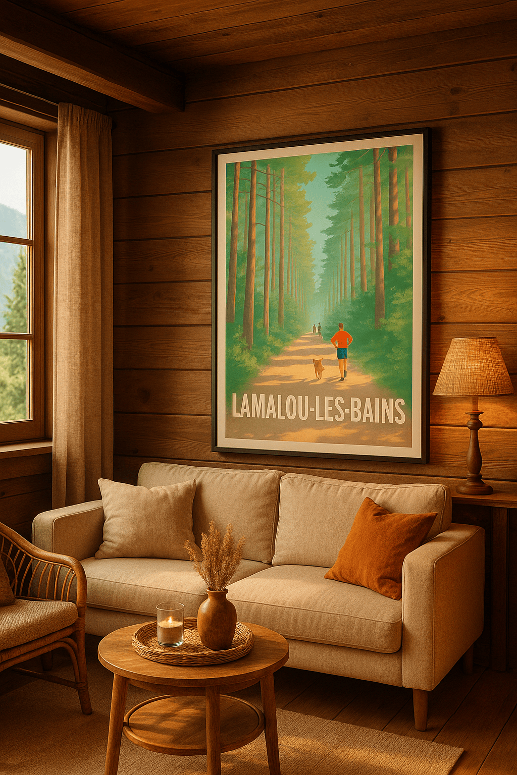 Affiche Lamalou-les-Bains — Promenade vivifiante en forêt · poster d'art de Lamalou-les-Bains