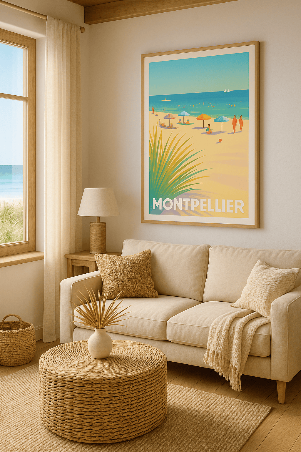 Affiche Montpellier — Détente ensoleillée sur la plage · poster d'art de Montpellier
