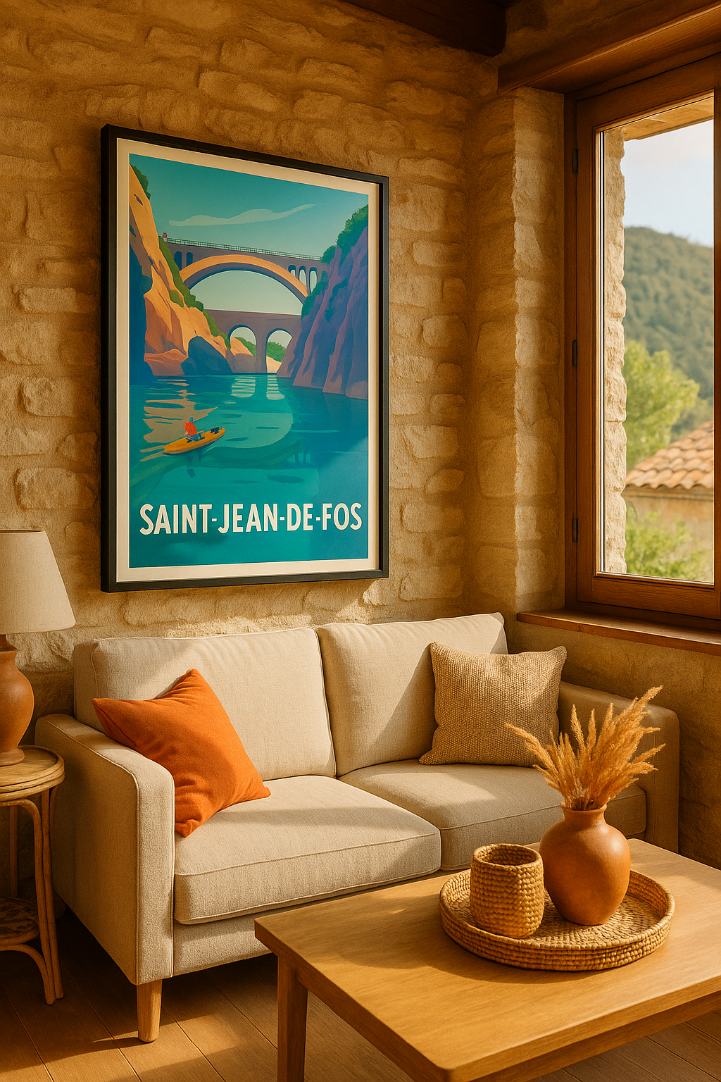 Affiche Saint-Jean-de-Fos — Évasion au fil de l'eau · poster d'art de Saint-Jean-de-Fos