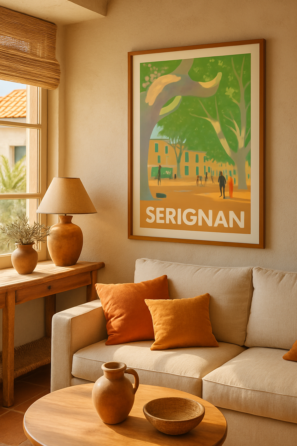 Affiche Sérignan — L'élégance douce des places ombragées · poster d'art de Sérignan