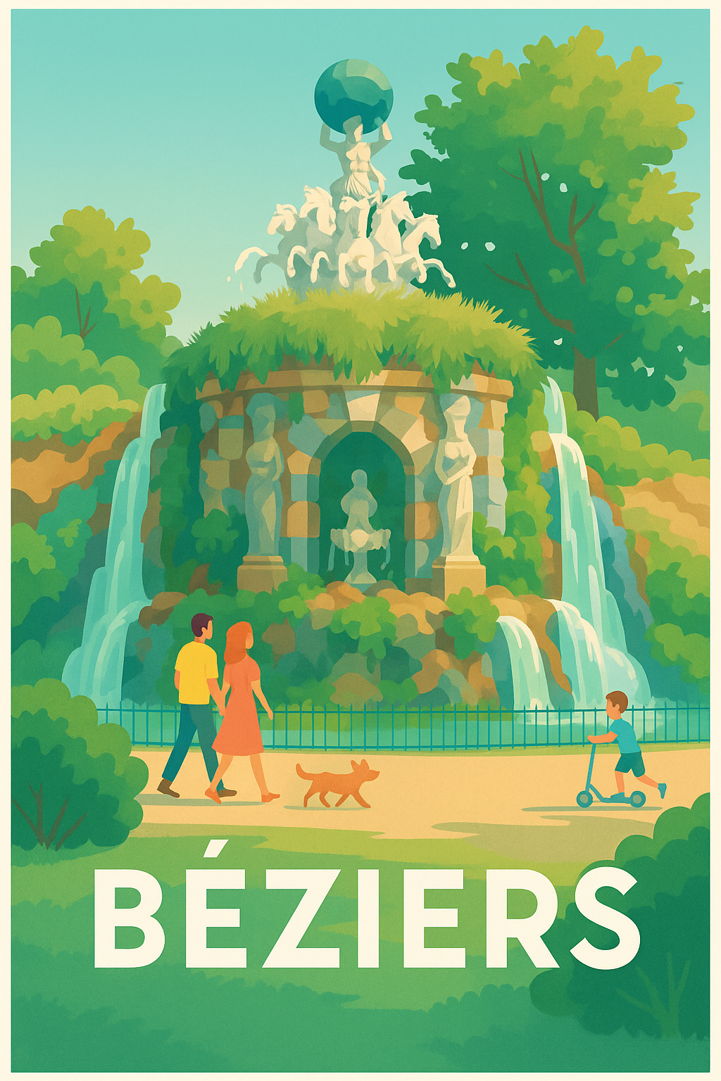Hérault France Pas de Cadre / 20 × 30cm Affiche de Béziers - L'âme paisible de la fontaine monumentale