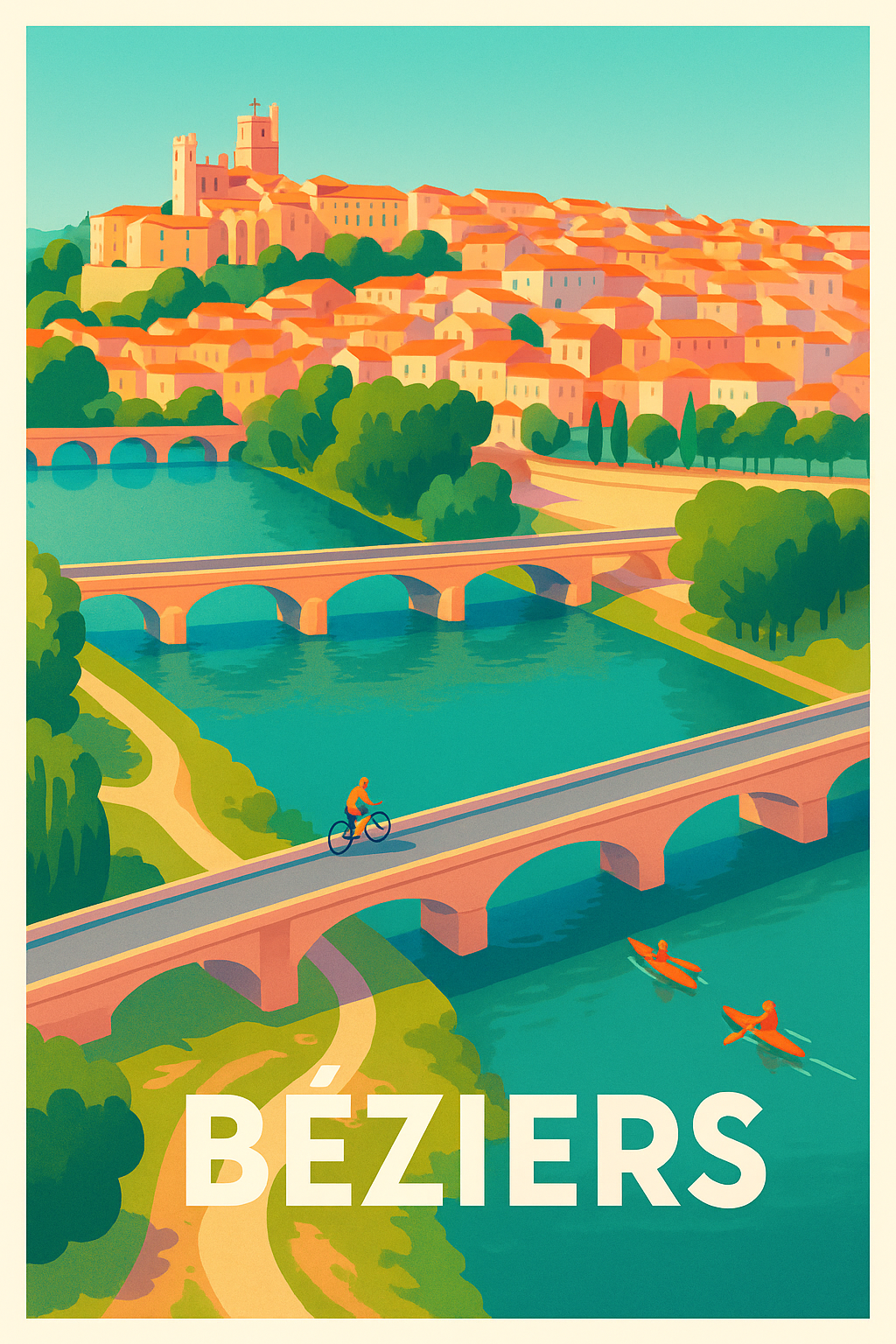 Hérault France Pas de Cadre / 20 × 30cm Affiche de Béziers - Le charme intemporel des ponts et canaux