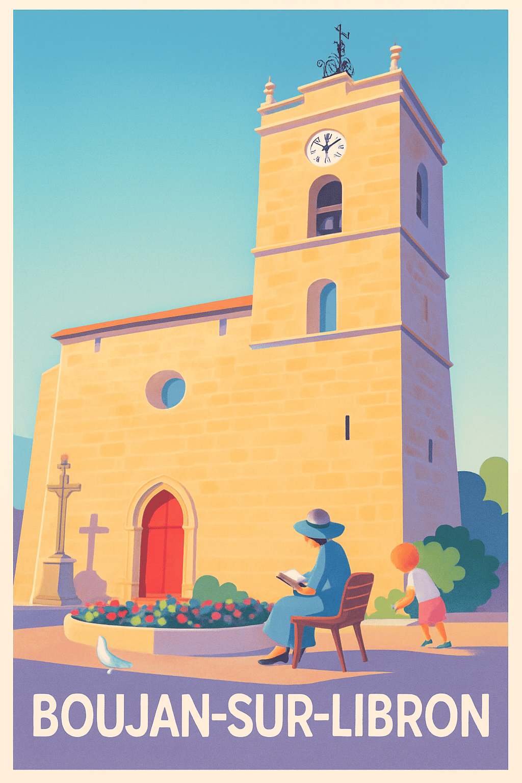 Hérault France Pas de Cadre / 20 × 30cm Affiche de Boujan-sur-Libron - Charme et sérénité à l’ombre de l’église