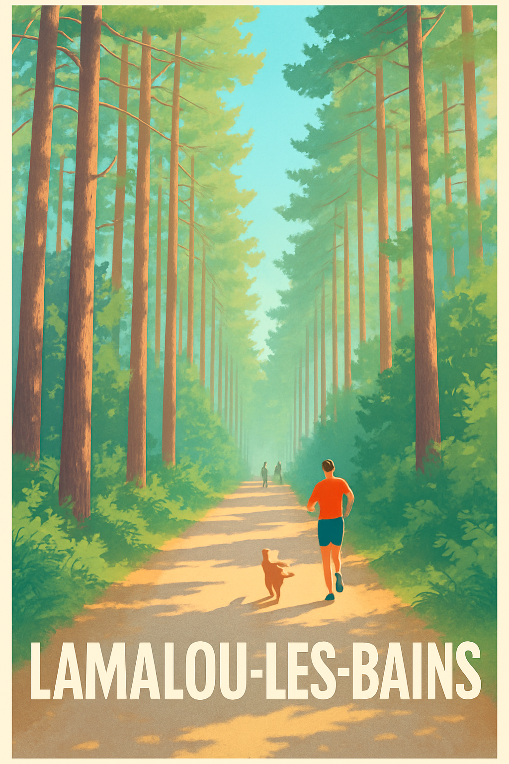 Affiche Lamalou-les-Bains — Promenade vivifiante en forêt · poster d'art de Lamalou-les-Bains