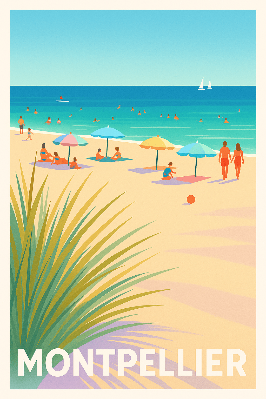 Affiche Montpellier — Détente ensoleillée sur la plage · poster d'art de Montpellier