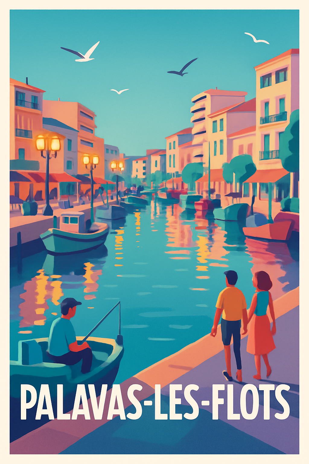 Affiche Palavas-les-Flots — Promenade au bord du canal · poster d'art de Palavas-les-Flots