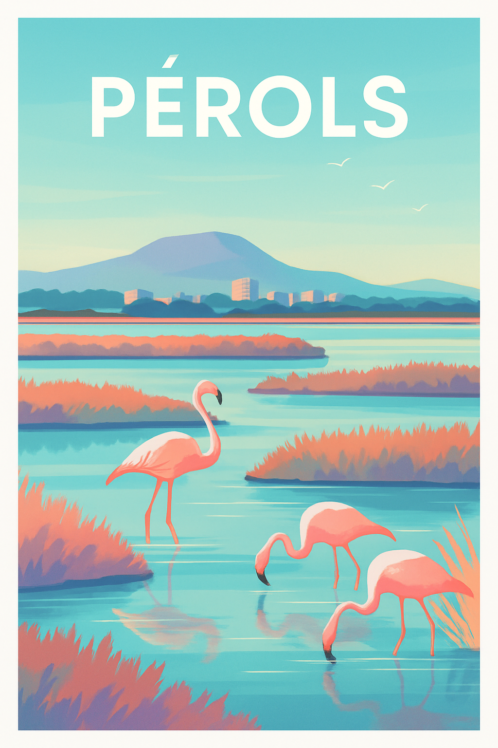 Hérault France Pas de Cadre / 20 × 30cm Affiche de Pérols - Évasion nature et flamants roses