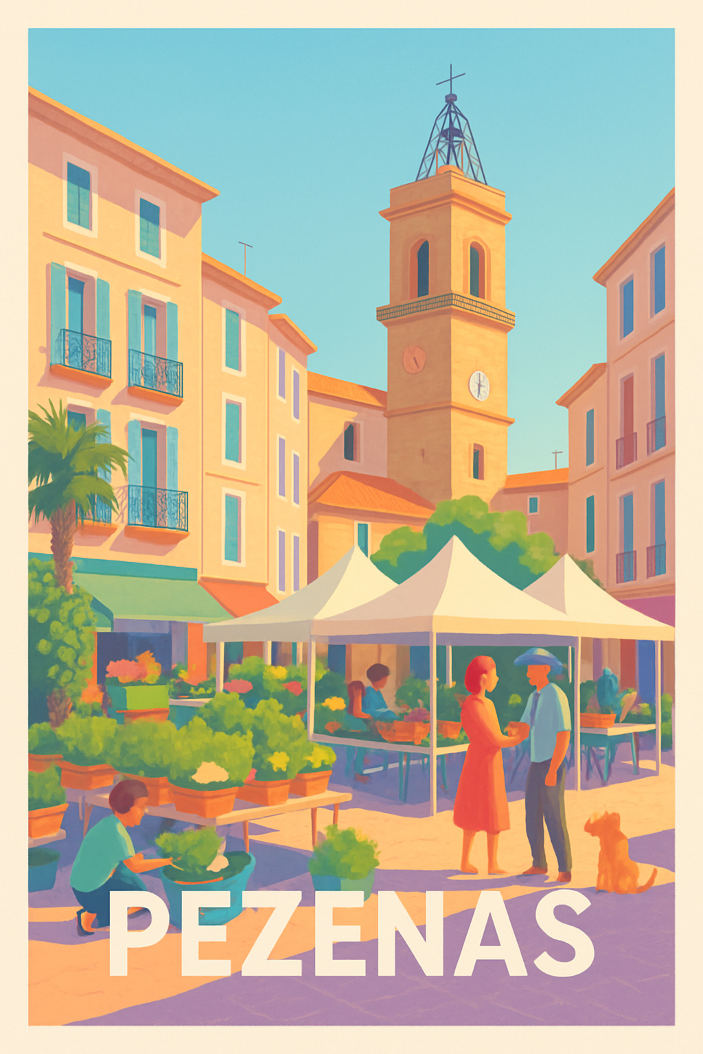 Hérault France Pas de Cadre / 20 × 30cm Affiche de Pézenas - Charme et douceur de la place du marché